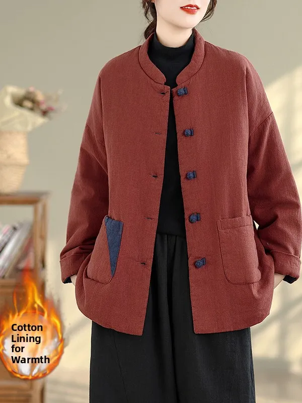 

Winter Cotton Jaet Women's Chinese Sle Thiened Long Sve Loose Fit Commute Friendly Zen Study Coat with Cotton
