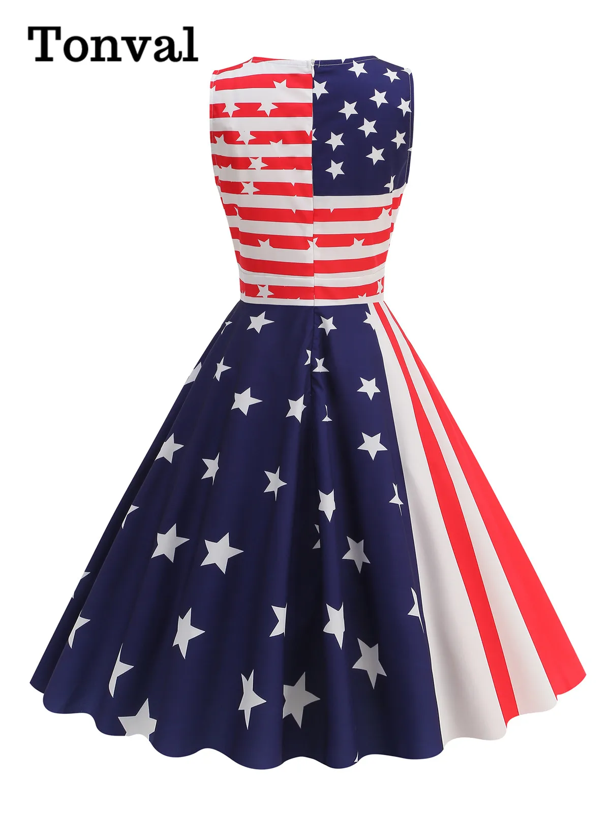 Tonval Color Block Stars and Stripes Sleeveless Women Vintage Clothing Summer 2025 O-Neck A-Line Retro Party Dresses