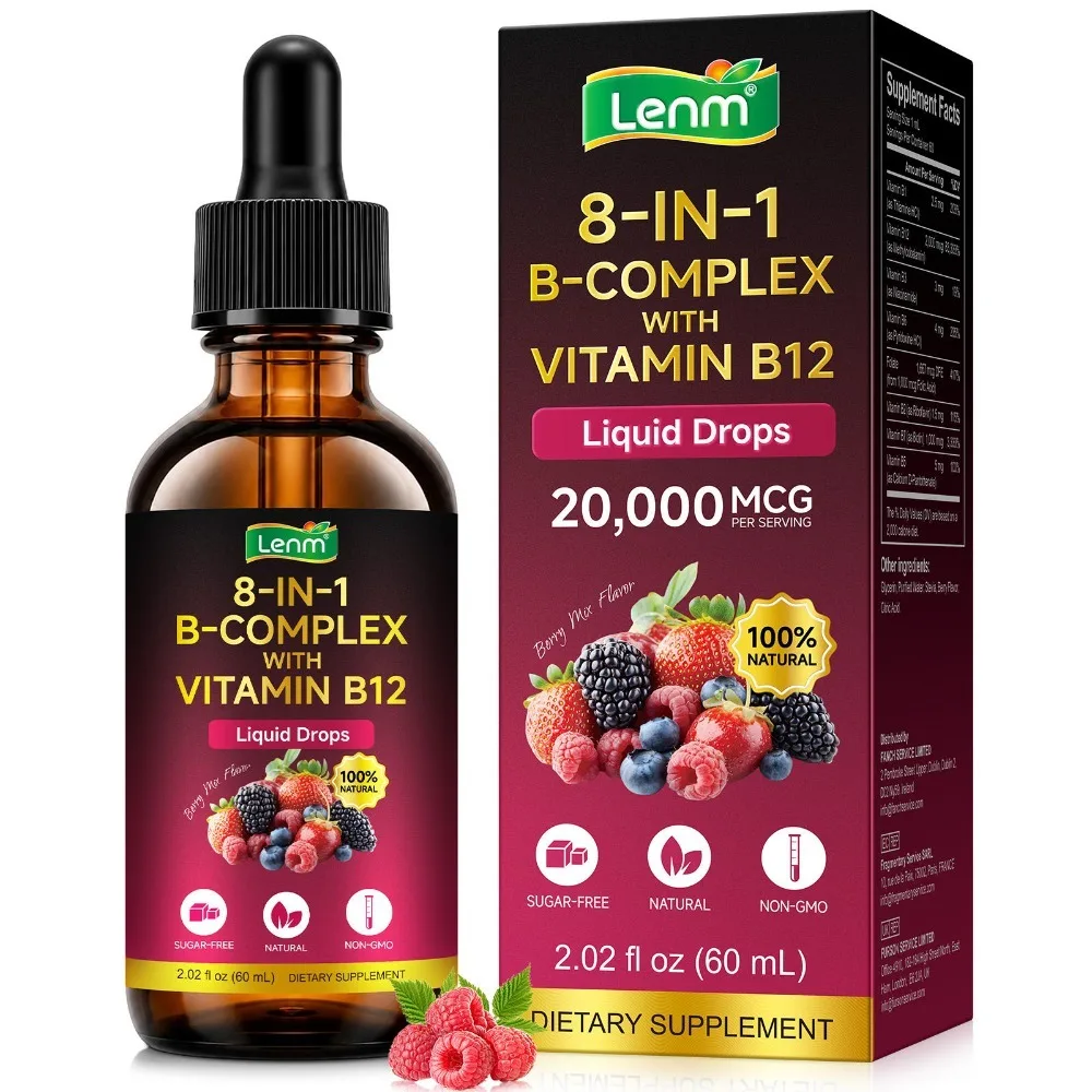 Lenm B Complex Liquid Drops 8-in-1 with B12 2000mcg, B1 B2 B3 B5 B6 B7 Folate for Energy & Metabolism Support, Sugar-Free, 60ML