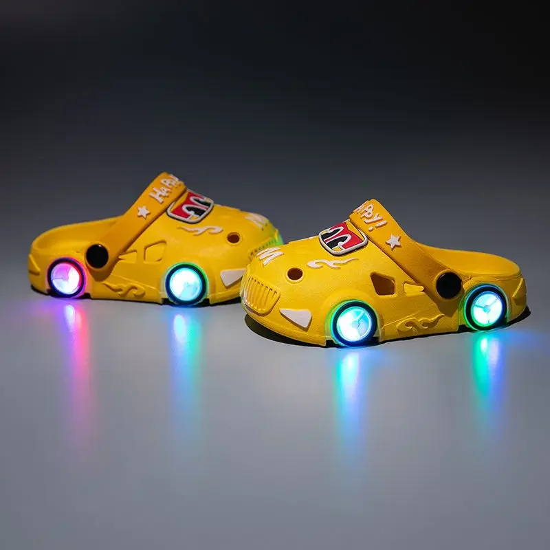 2024 Summer Children Slippers LED Lighted Boys Girls Hole Shoes Anti Slip Soft Sole Beach Sandals Cartoon Car Glowing Kids Shoes