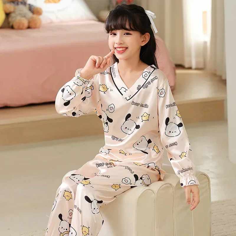 Anime Sanrio Kuromi My Melody Children's Pajamas Set Cartoon Pochacco Cinnamoroll Girl Ice Silk Short Sleeved V Collar Sleepwear