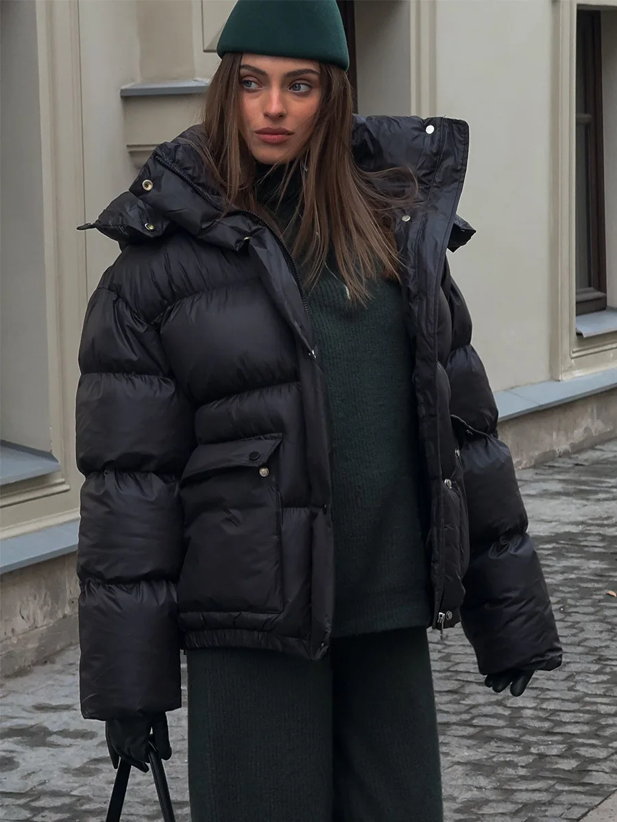 Bornladies Damen Neue Winter Schwarze Parkas Modisch Schlichte Wattierte Baumwolljacke Quadratische Tasche Warme Kapuzenjacke – Detail 6