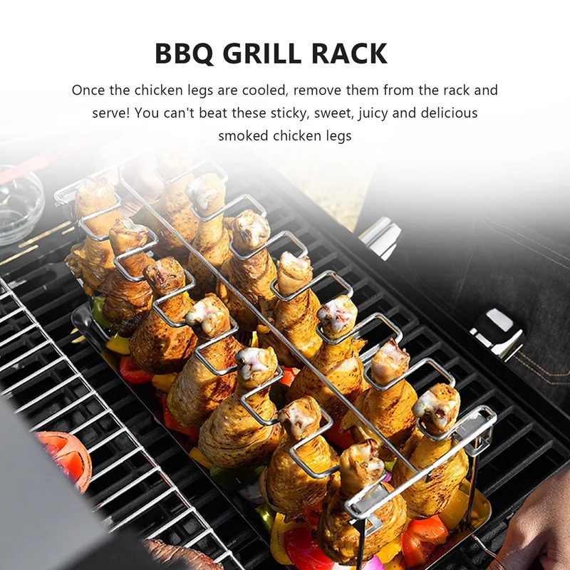 Stainless Steel BBQ Grill Rack, Roaster Stand com Drip Pan, Pendure até 14 pernas de frango ou asas