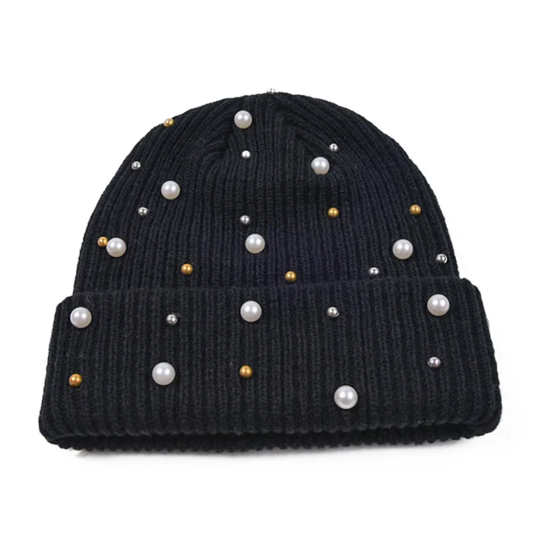 Sparkly Studded Beanie Women Hat Winter Knit Cap with Pearls Ribbed Ladies Cuffed Skullies