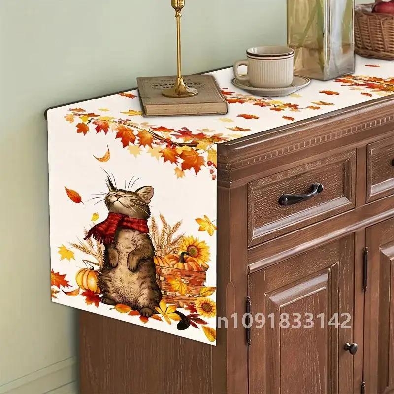 Autumn Sunflower Pumpkin Cat Print Table Runner Thanksgiving Theme Atmosphere Table Runner Home Decoration Table Runner