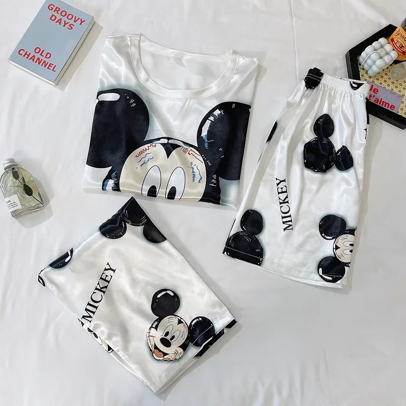 Disney New Mickey Mouse Three-Piece Pajamas Silk Women\'s Casual and Lightweight Breathable Cool Cute Cartoon Home Pajamas