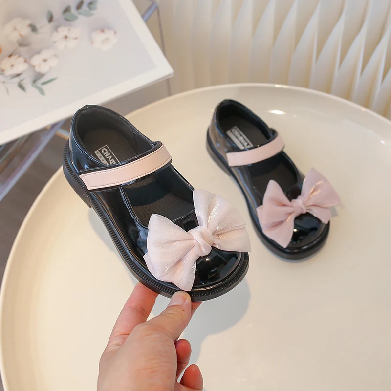 Spring Girl's Mary Janes Sliver Black Bowknot Elegant Kids Leather Shoes Chunky Round Toe Beautiful Chic Children Flat Shoe26-36