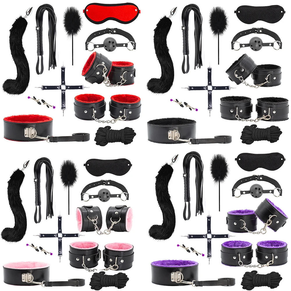 Kit BDSM, giocattoli sessuali per adulti, per donne e uomini, manette, morsetti per capezzoli, frusta, sex toy per sculacciate, plug anale in metallo, vibratore, set bondage BDSM.
