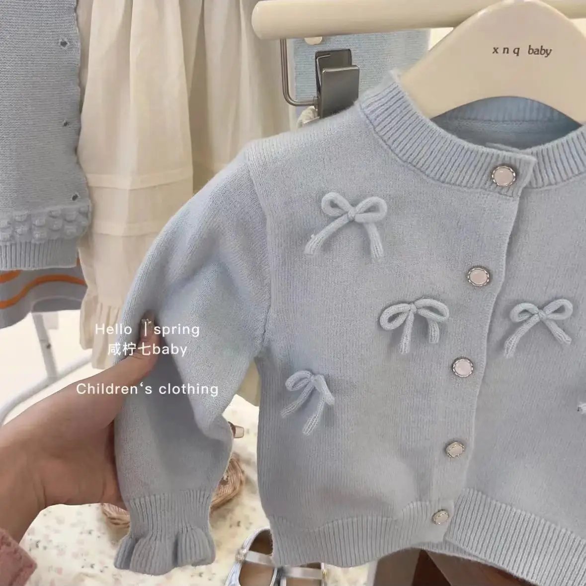 Korean Sweater 2024 Spring and Autumn Fashion New Girls Thin Bow Childrens Blue Knitted Cardigan Jacket