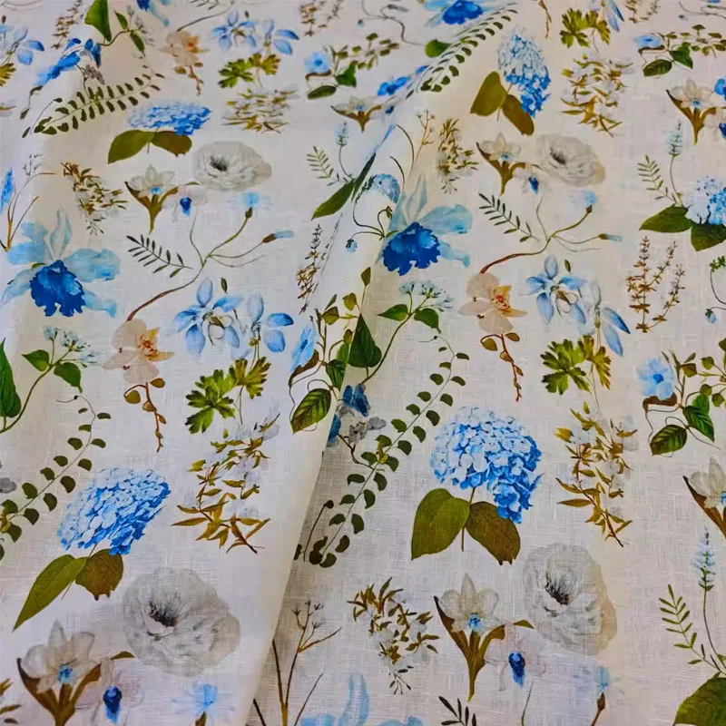 

Blue Hydrangea Flower Pattern Printed Ramie Material Fabric For Blouse/Dress Telas Para Costura Tissus DIY Sewing Material