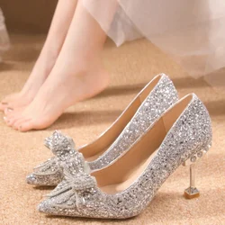 New Women's Rhinestone Wedding Shoes Year Shoes Luxury Buckle Decorative Banquet Women's Shoes High Heels Gold Silver Red