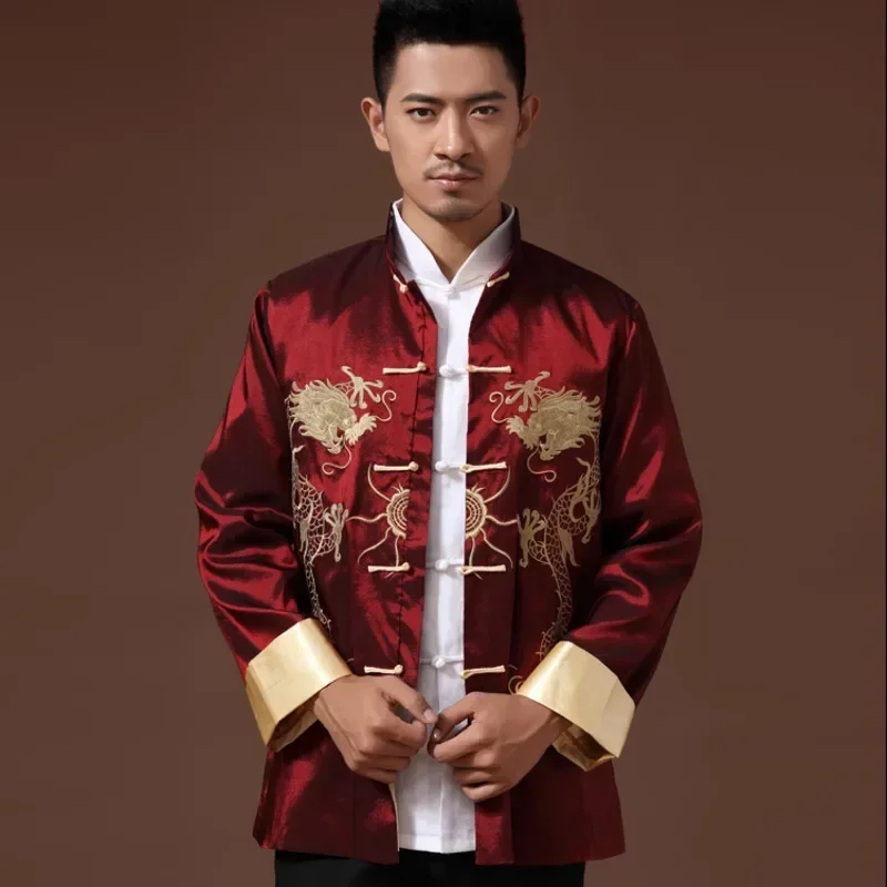 

Chinese Traditional phoenix printed clothes dragon Tang suit clothing men's embroidered long sleeve Festival wedding jacket