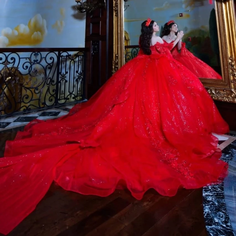 Robes de Quinceanera rouge brillant, épaules dénudées, dentelle appliquée, perles, nœud en cristal, Corset en tulle, robe de fête d'anniversaire, douce 16 ans