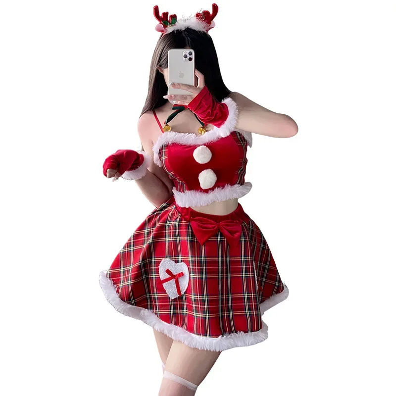 Christmas Cosplay Moose Costume Winter Female Plush Plaid Skirt Sexy Maid Uniform Party Stage Show Outfit Xmas Bow Dress Suit