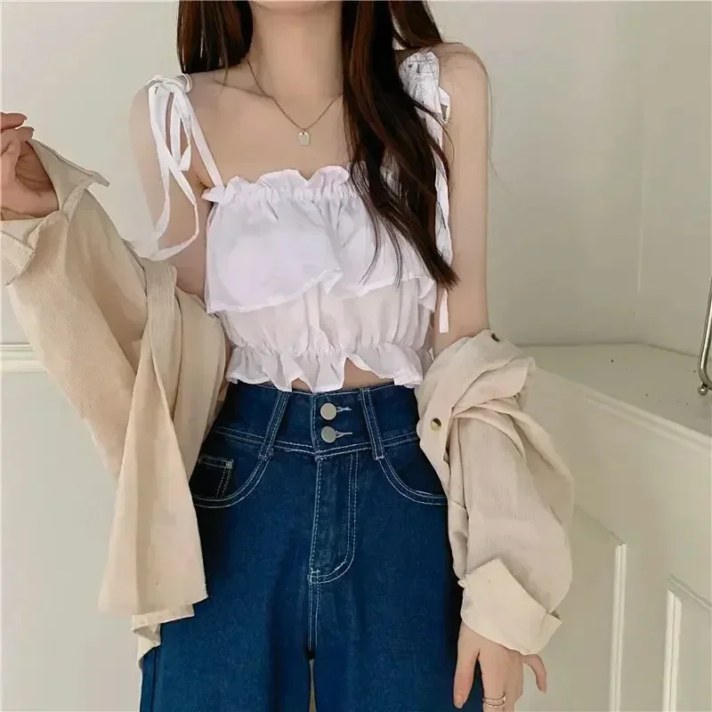 Women Summer Crop Camisoles 2024 Low-Cut Sling Plain Ruffle Ruched Short Tops Ladies Shoulder Straps Tie Slim Navel Vest