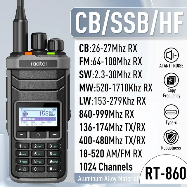 Radtel RT-860 Ham Radio z krótkofalowym HF SSB CB RX Dual Band Walkie Talkie AM USB LSB CW 1024 kanały Radio, bateria USB-C