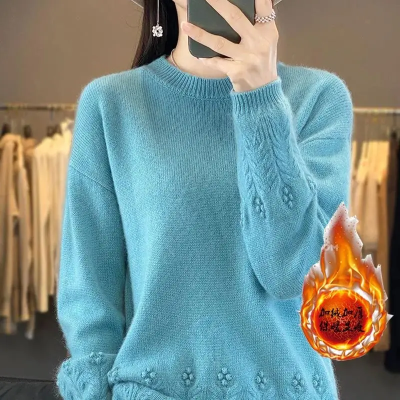 Autumn and Winter Women\'s Solid Color Panel Round Neck Long Sleeve Loose Knitted Sweaters Jumpers Jacquard Fashion Casual Tops