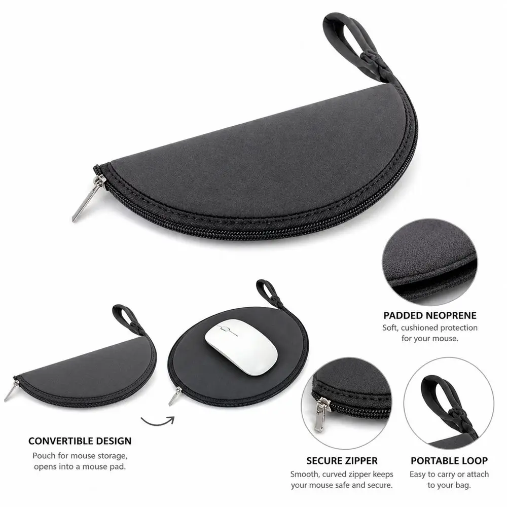 Padded Protection Mouse Storage Pouch Convertible Mouse Pad Zipper Closure Mouse Travel Case Wrist Strap Mouse Pad Pouch