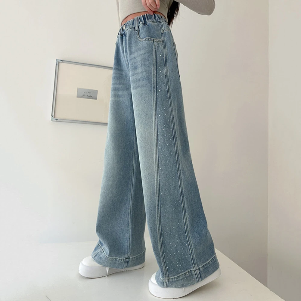 

Джинсы для девочек Diamond 2026: весенне-осенние, с эластичным поясом, свободные, широкие штанины, прямые джинсовые брюки для подростков