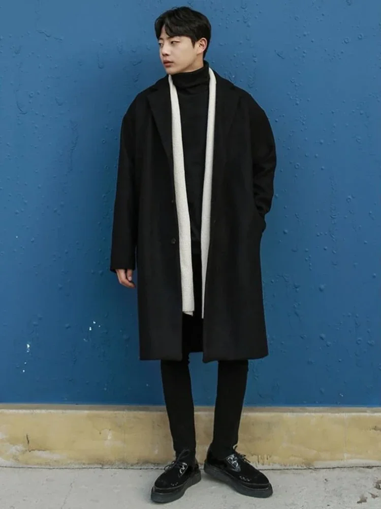

Korean Style Men's Wool Coat Spring Autumn Over The Knee Loose Fit Double Layer Trendy Trench Coat