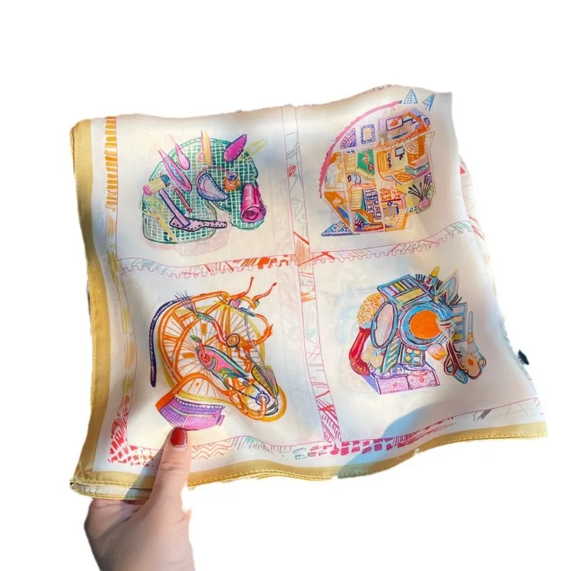 

100% Mulberry Silk Satin Scarf for Women Colorful Abstract Horse Pattern Square Neck Scarf Multi Use as Headband Bag Decoration