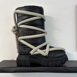 Men Boots Genuine Leather Sheepkin Cross-tied Jumbo ShoeLace Warm Snow Shoes Owens Platform Increase Vintage Luxury Sneakers