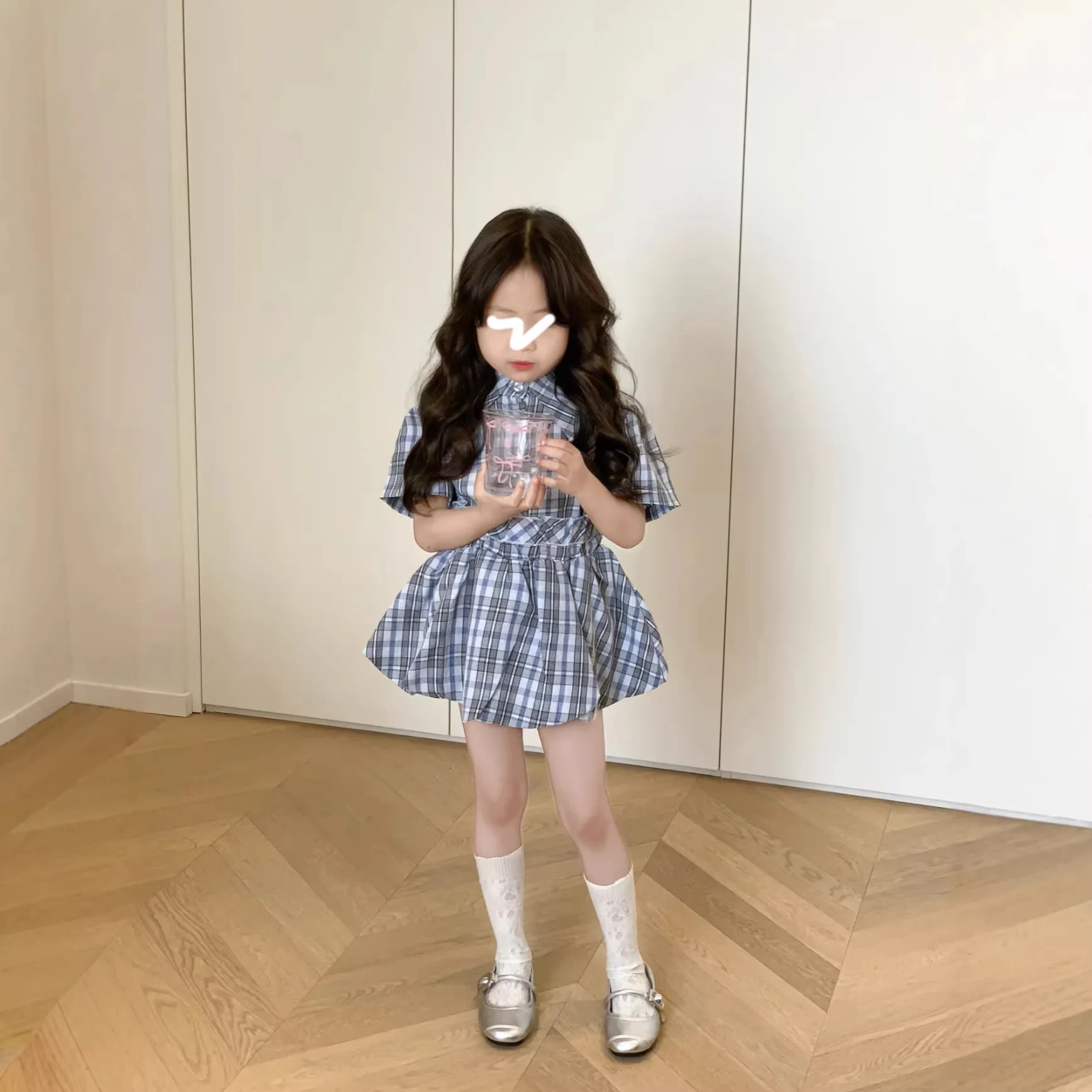 Children's Clothing Girl 2026 Summer Suit College Style Blue Grid Short Sleeved Shirt Casual Flower Bud Skirt 2 Piece Set