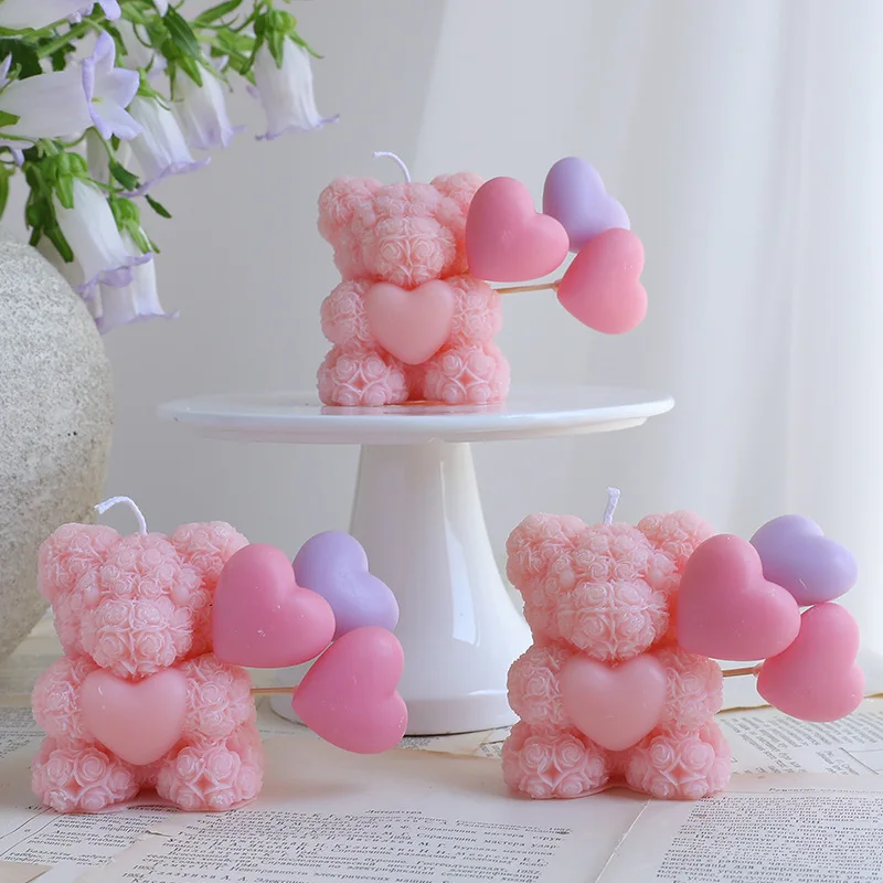 Pink Heart-shaped Rose Bear Scented Candle Table, Sweet Persimmon Light Fragrance Atmosphere Decoration, Festival Birthday Gift