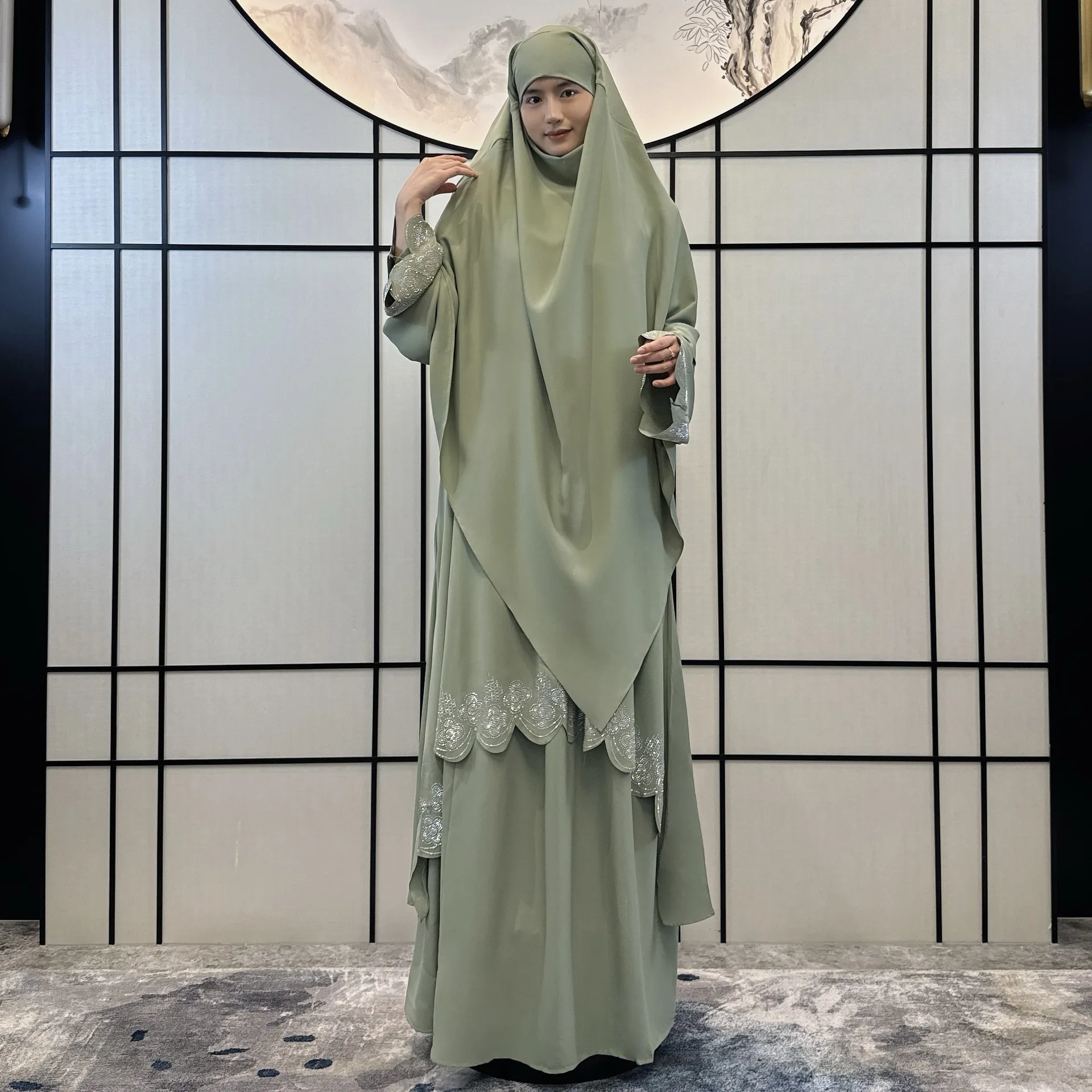 Abaya-Robe musulmane pour femme, ensemble 3 pièces, robe élégante, broderie, repassage diamant, robe de vacances Eid