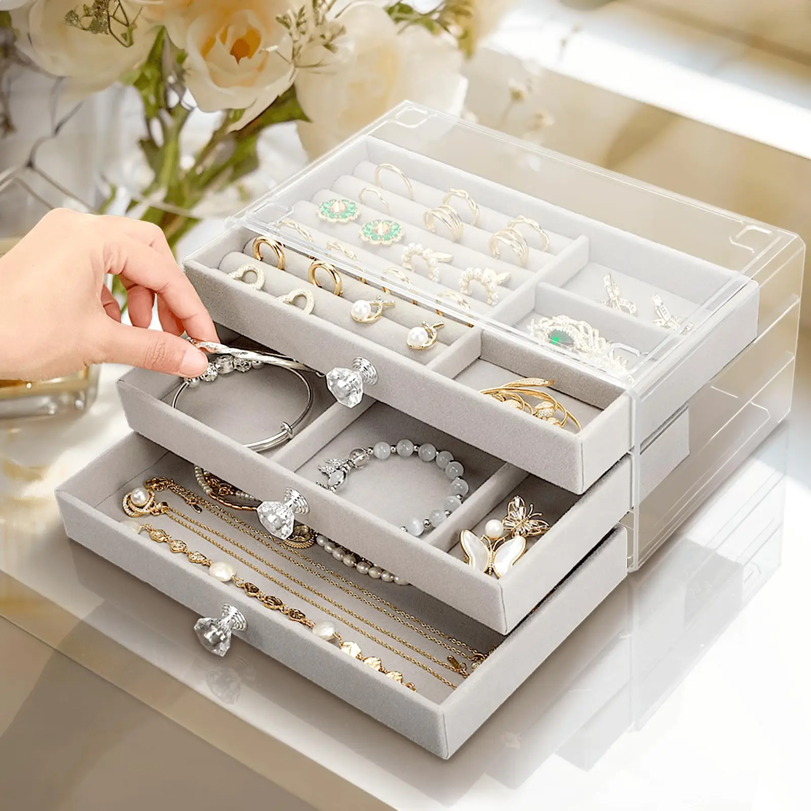 Acrylic Jewelry Organizer Box 3 Drawers Clear Jewelry Storage Box For Earrings Bracelet Necklace Ring Watch Holder Velvet Box