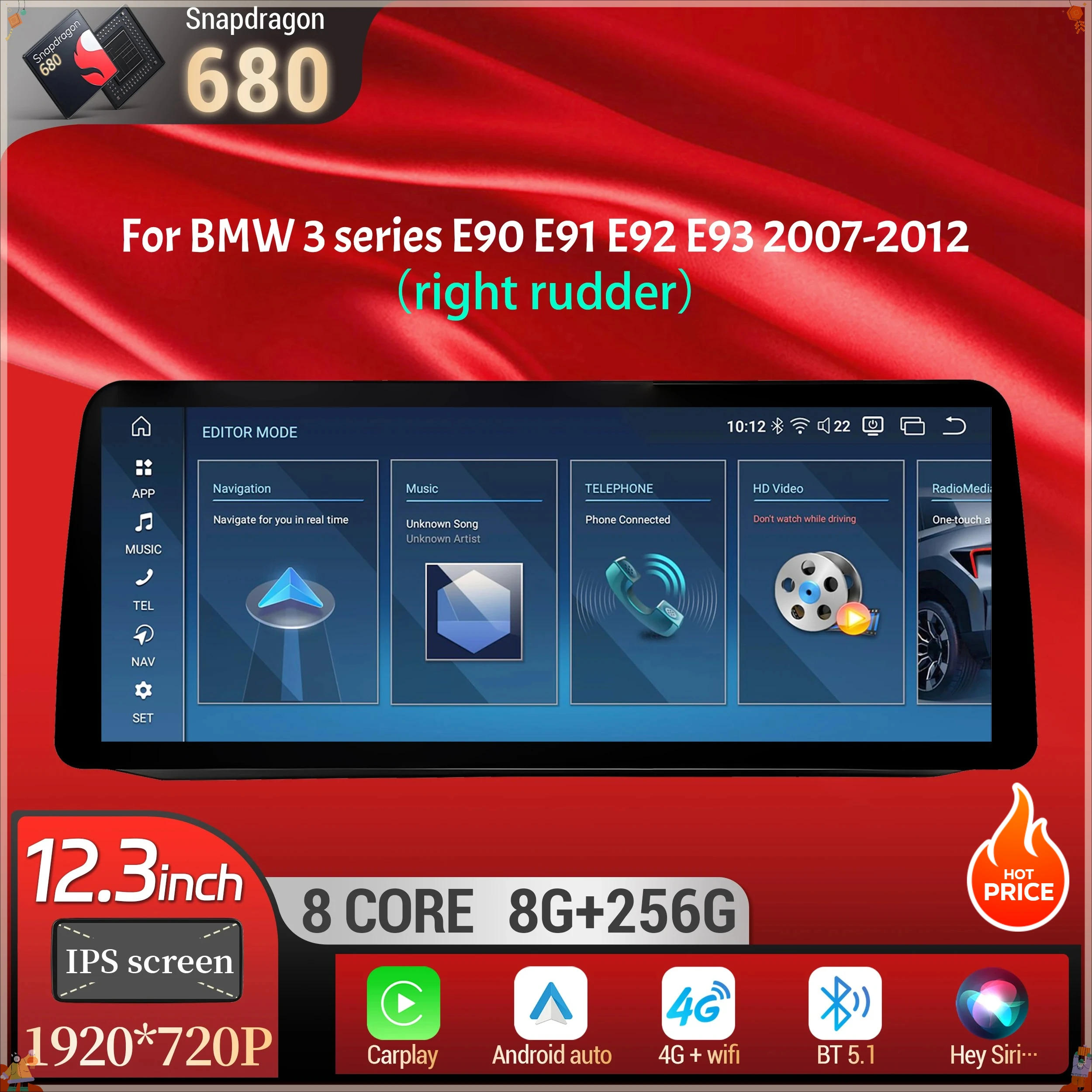 12.3 inch For BMW 3 series E90 E91 E92 E93 2007-2012 Right Hand Drive Android 14 Car Radio Carplay Snapdragon 680 Touch Screen