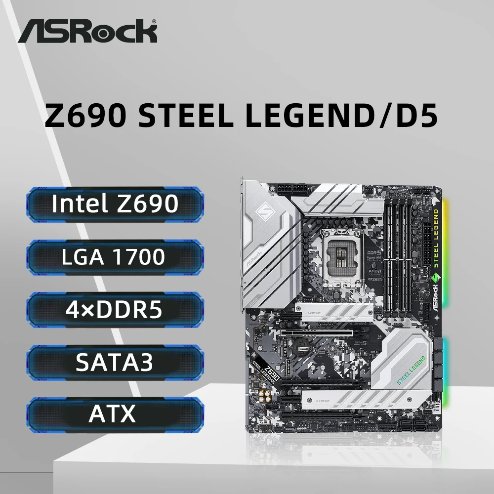

Материнская плата ASRock Z690 STEEL LEGEND/D5, сокет LGA 1700, поддержка процессоров i9-14900KF, i7-12700K, i5-12400F, 4xDDR5, M.2, PCIe 5.0, форм-фактор ATX, Intel Z690