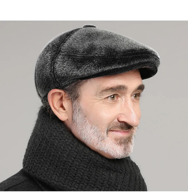 Winter-Zeitungsjungenmütze aus Kunstfell mit Ohrenklappen, Baskenmütze-Stil, Schirmmütze, warme flache Mütze für ältere Männer für kaltes Wetter – Detail 2