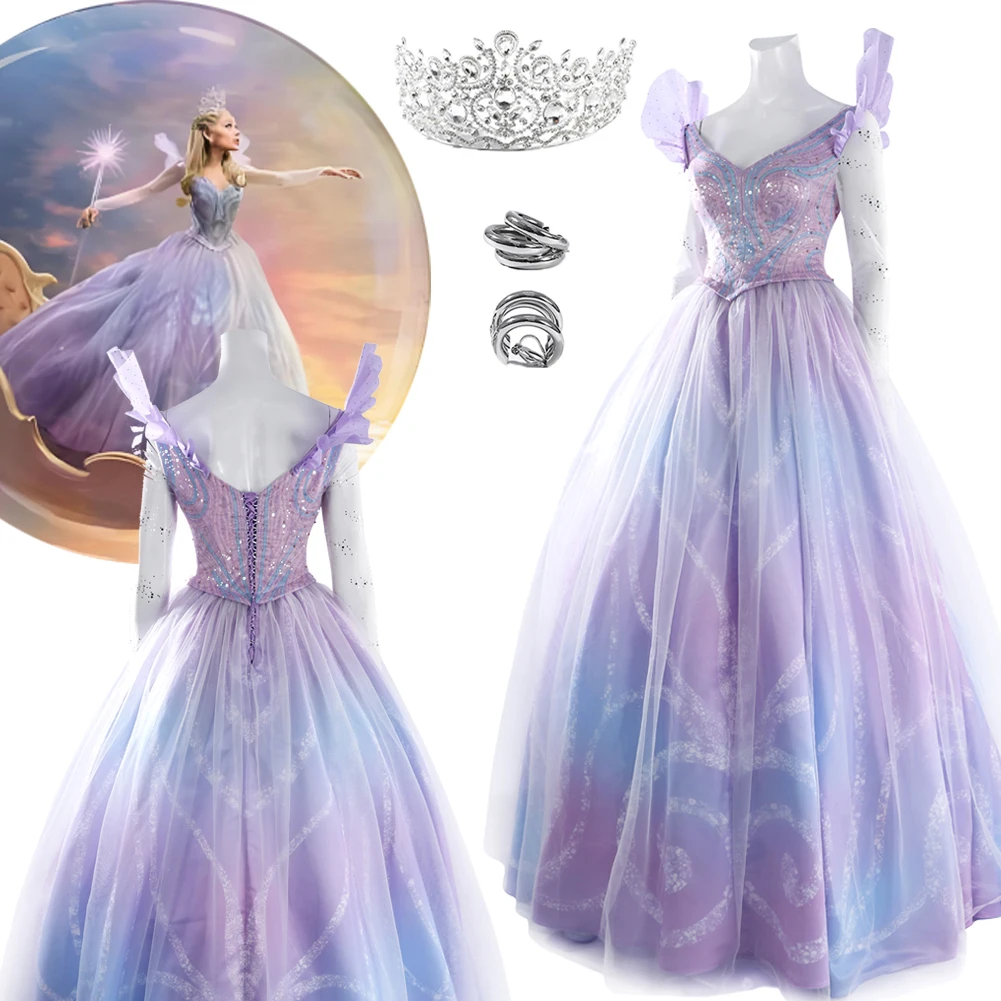 

Glinda 2025 фильм злой 2 косплей фиолетовое платье серьги-короны аксессуары для костюмов наряды Хэллоуин карнавальный женский комплект одежды