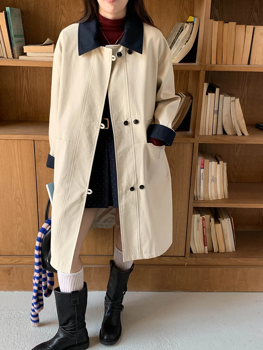 British Lapel Trench Coat Colorblock Oversized Trench Coat Casual Lightweight Trench Coat Convertible Long Short Outerwear