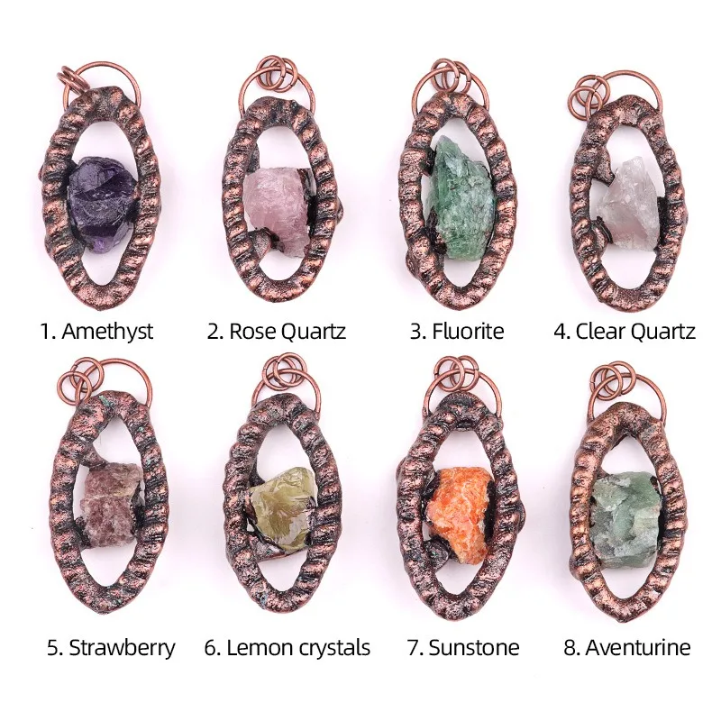 

5pcs Retro Natural Crystal Unique Mineral Stone Pendant Raw Gemstone Oval Eye Shape Charm for Jewelry Making