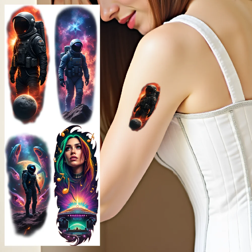 

9pcs Temporary Tattoo Spaceship Colorful Realism Black Hole Planet Waterproof Long-lasting Body Stickers Alien For Men Arms
