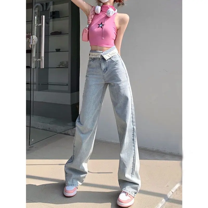 

Женские джинсы прямого кроя с отворотами на талии для весны и осени 2023 года. Новые широкие брюки с высокой талией, свободного кроя, визуально стройнящие фигуру.