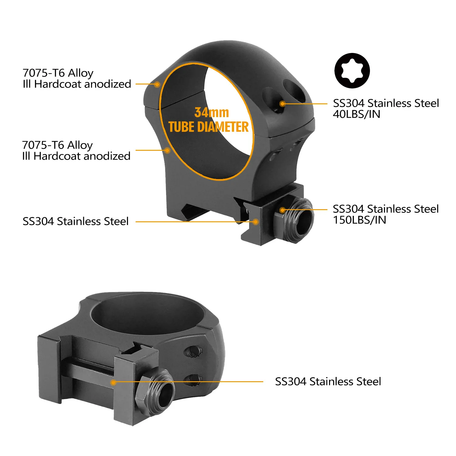 ohhunt 30mm or 34mm Scope Rings High Medium Low Scope 7075-T6 Alloy lll Hardcoat anodized Mount Fit 20mm