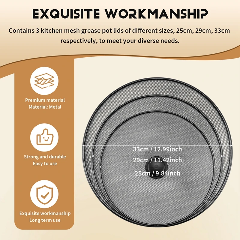 3Pcs Kitchen Splash Guard Splatter Screens Frying Pan Splatter Guard Grease Splatter Screen Mesh Oil Proof Pot Lid