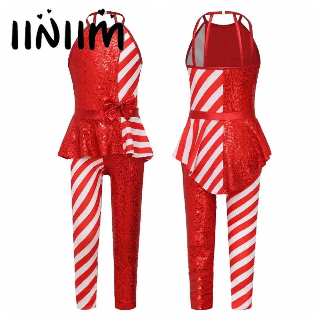 

Girls Christmas New Year Party Cosplay Costume Jumpsuit Stripes Sequins Candy Cane Costume Figure Skating Latin Jazz Dancewear