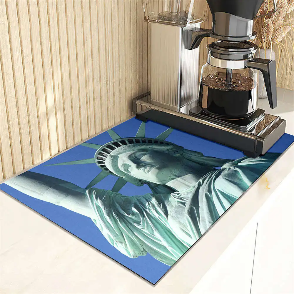 Statue of Liberty Sky Cloud Pattern Dish Drying Mat Super Absorbent Kitchen Counter Drain Pads Tableware Cup Bottle Sink Mats