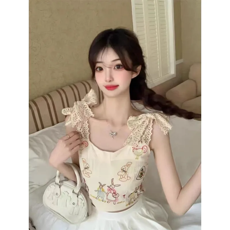 2024 Summer New Sweet Spicy Girl Versatile Slim Short Sleeveless Y2K Tank Bow Lace Cartoon Printed Suspender Vest Top