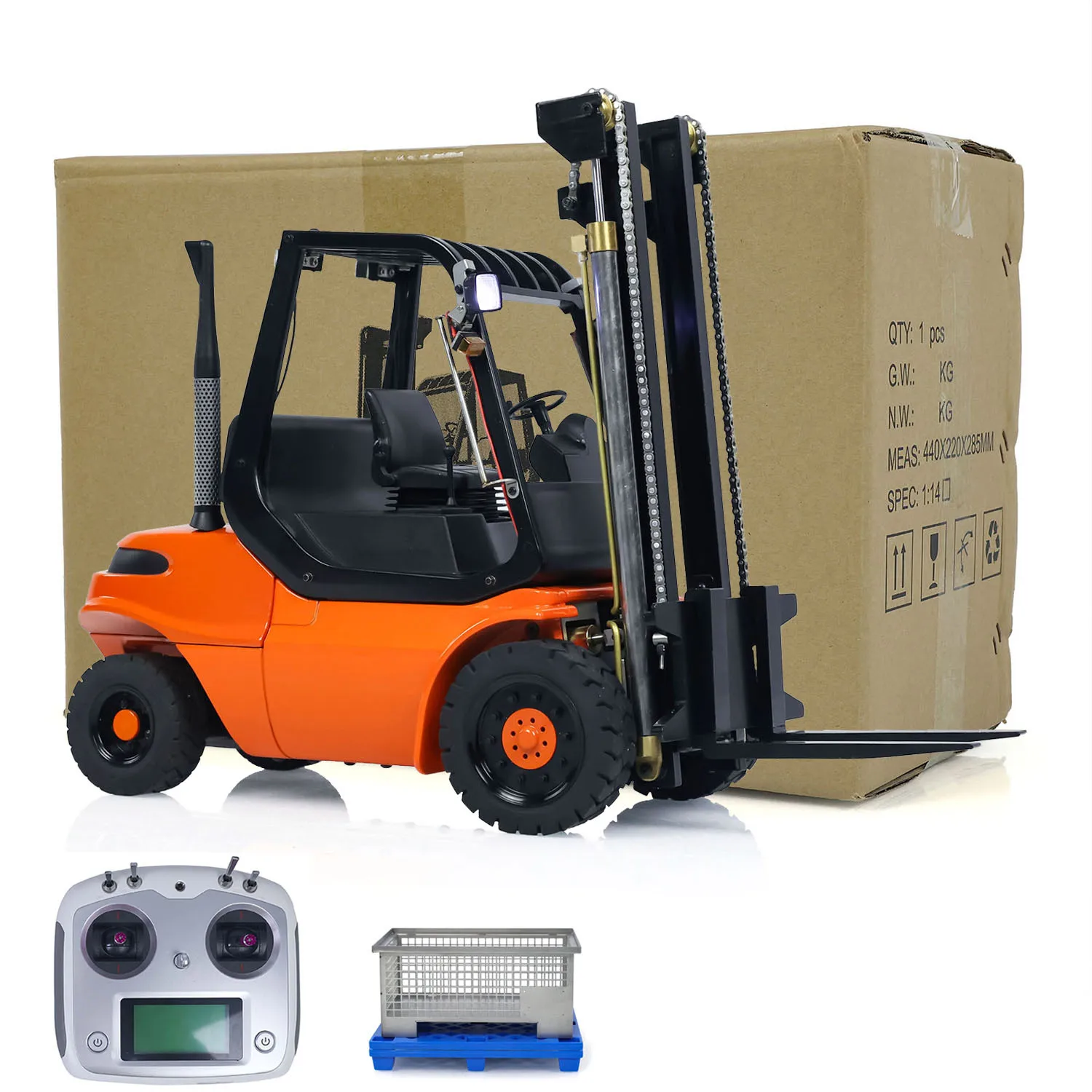 RC Forklift 40DA3 1/14 Scale Hydraulic Wheeled Transfer Painted Finished Car Metal Construction Vehicles Light Sound Toys Model