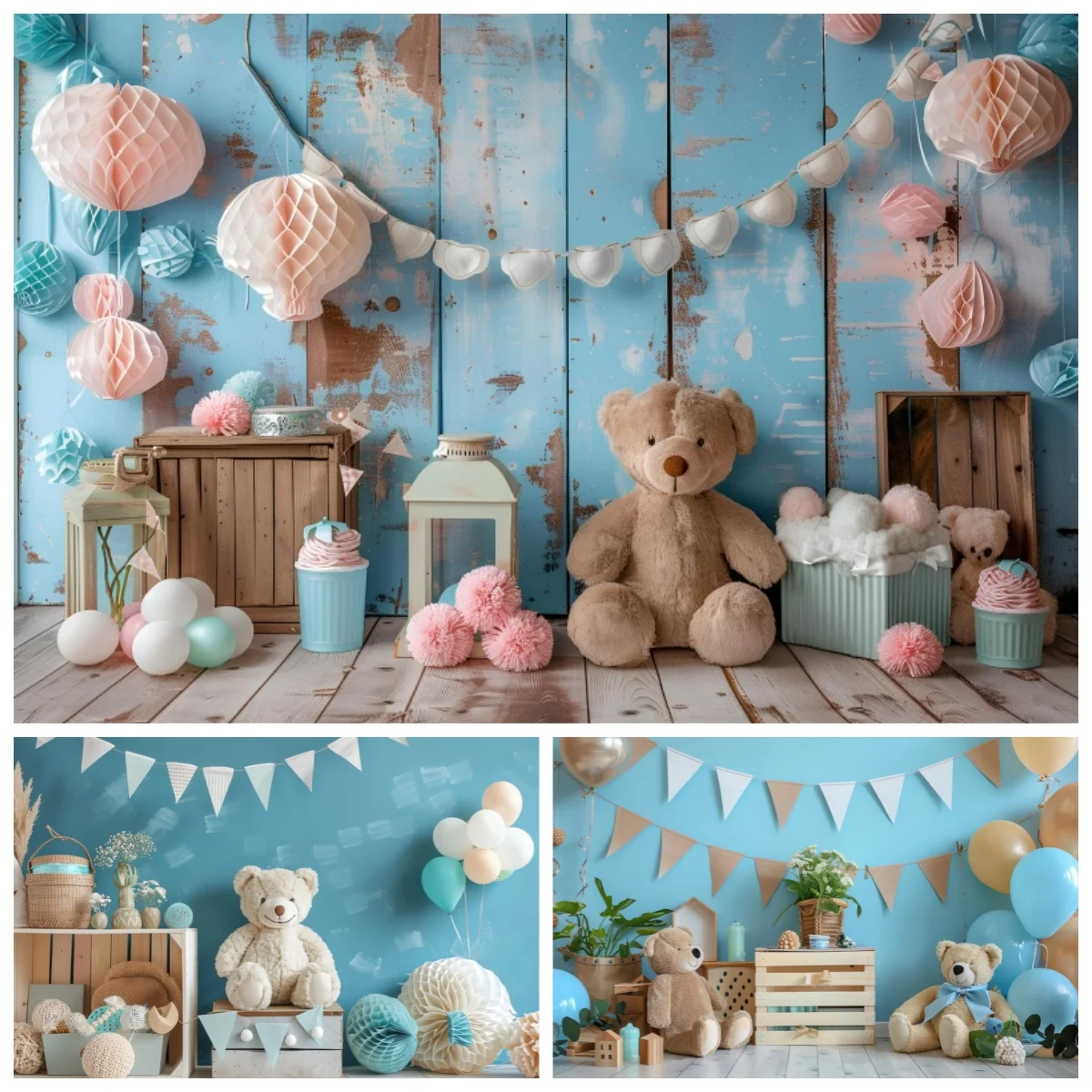 

Baby Boy Birthday Decorations Backdrops Blue Wall Colorful Balloons Teddy Bear Indoor Decor Kids Portrait Photography Background