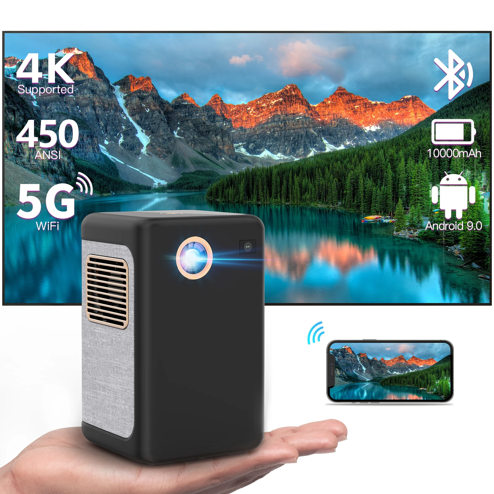 Mini Projector 4K 1080P Support, Portable Projector Android System Outdoor Movie Projector Compatible with Phone