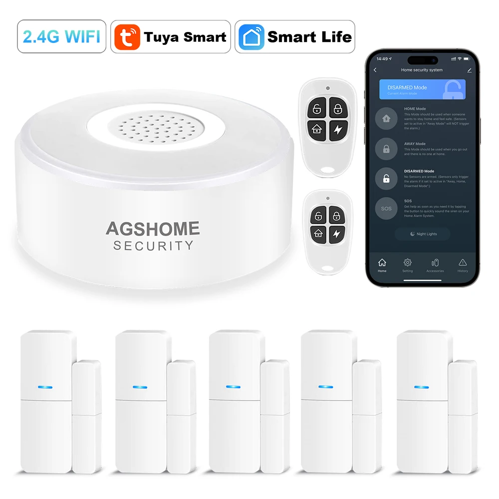 

Tuya Smart WIFI 8-Piece Kit Door Window Alarm Security SOS Siren System DIY No Monthly Fee No Contract for House Aparment Office