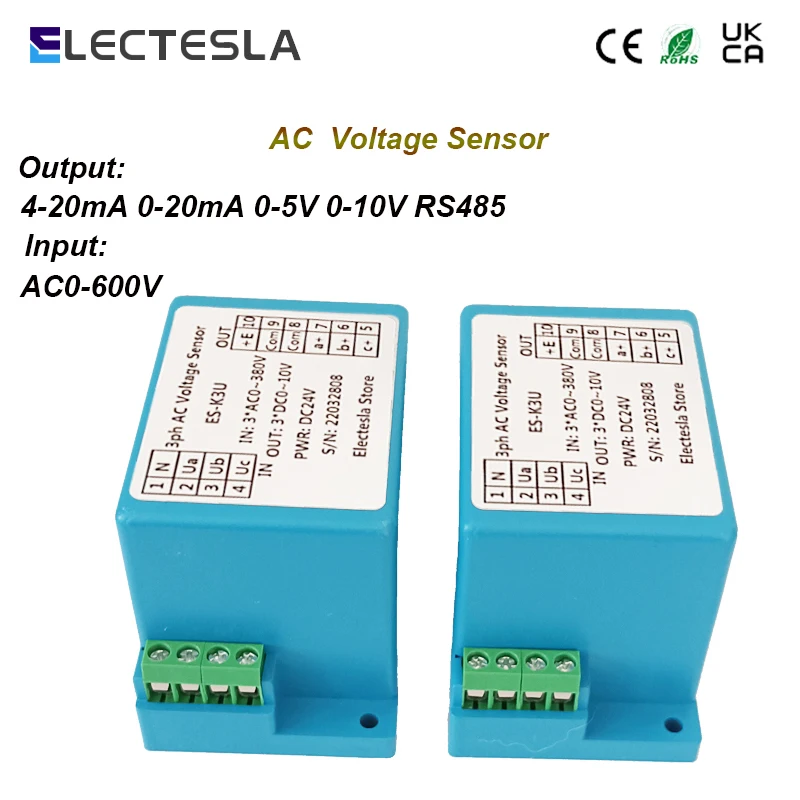 

Three Phase 4-wires 4-20mA 0-10V Output AC0-600V Voltage Sensor DC12V 24V 220V Power Supply AC Voltage Transmitter Transducer