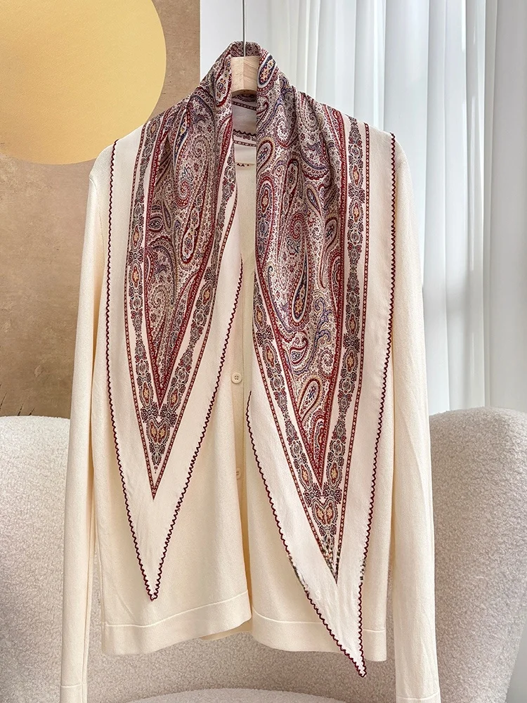 レッドゴールド-カシューフラワー-シルクスカーフ-ヴィンテージ花柄-ダブルガーゼ-ダイヤモンドパターン-多用途ラップ-42x45cm-全年齢対象-春秋冬