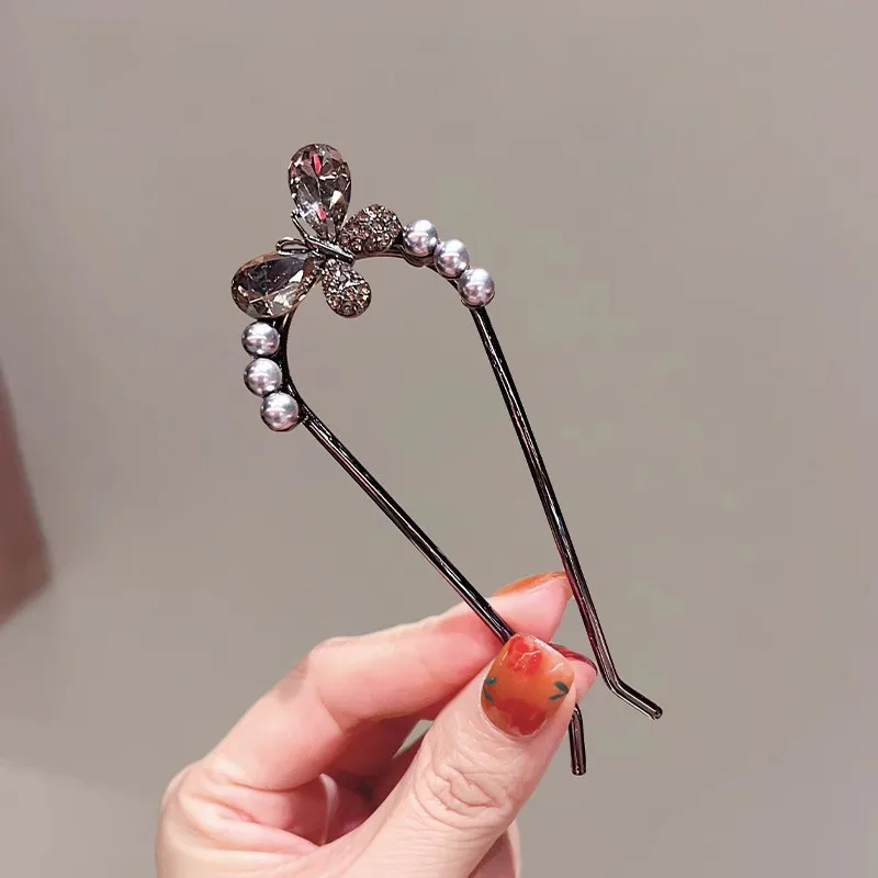 Black Color U-shaped Hairpin Pearl Crystal Butterfly Hair Clasp Bun Hair Comb Ancient Style Hair Accessories for Girls